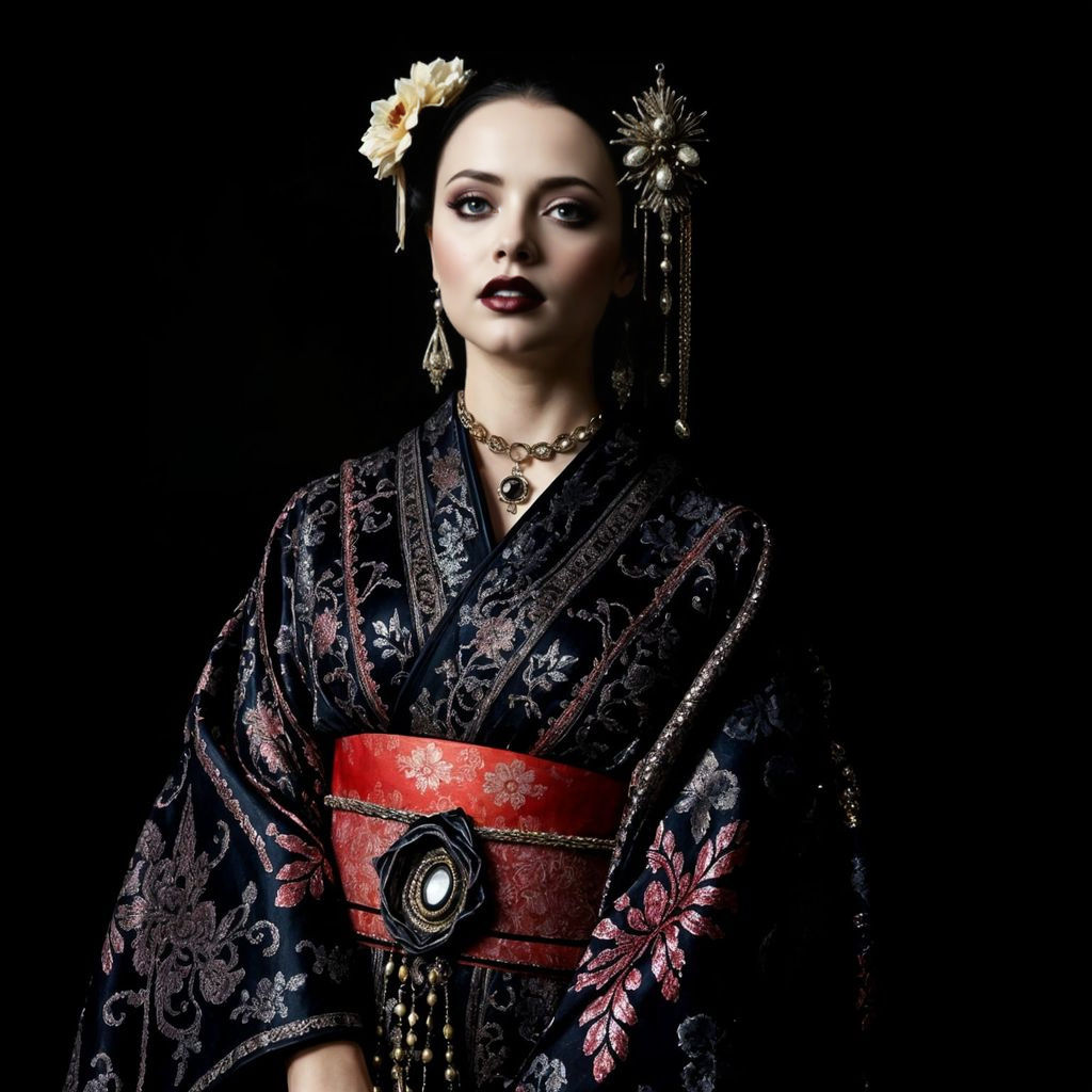Glamorous Goth Geisha in Sequined Kimono