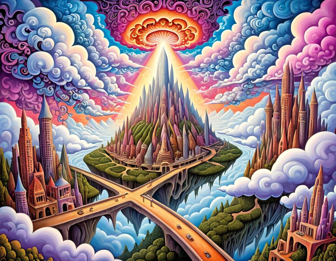 Magical Floating City with Psychedelic Brutalist Architectur...
