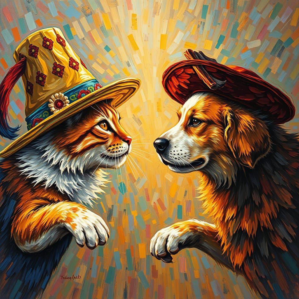 Epic Cat Hat vs Dog Hat Battle Oil Painting