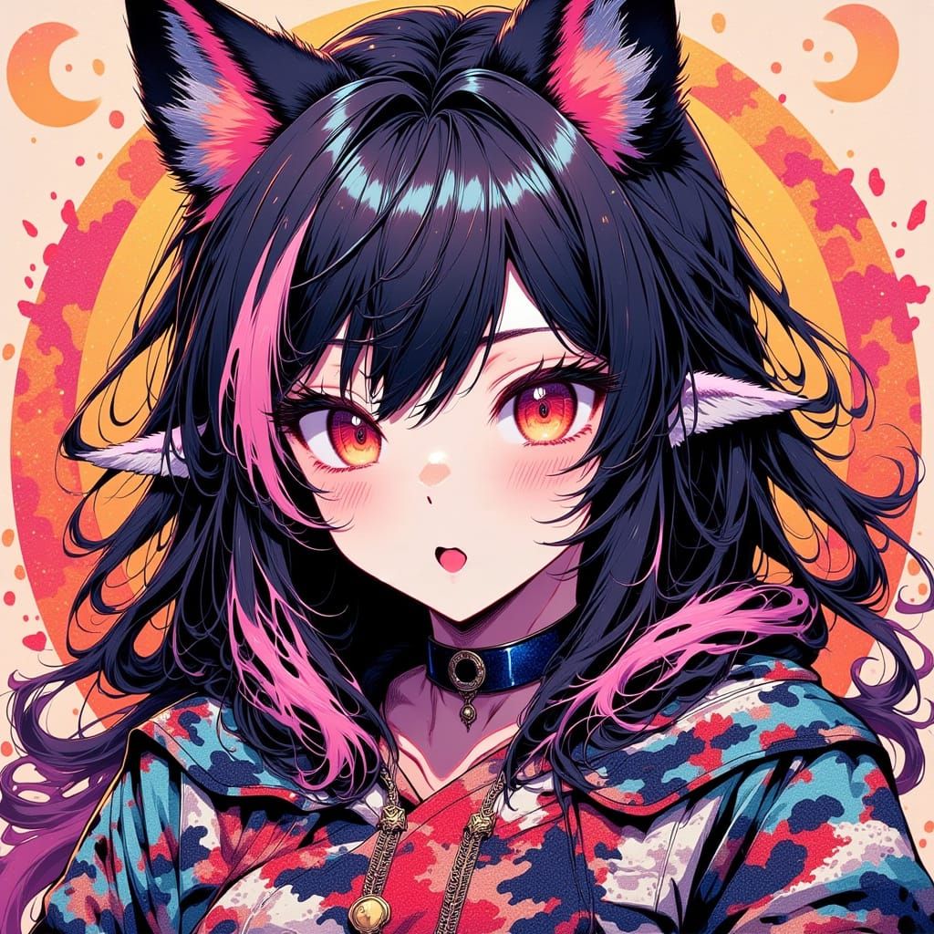 80s Anime Character in Animal Camouflage Zentangle Style