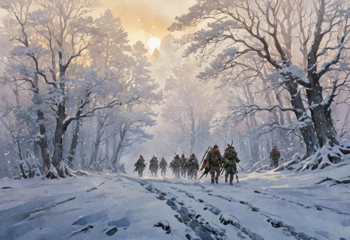 Hunters in Snowy Forest: Watercolor Comic Art