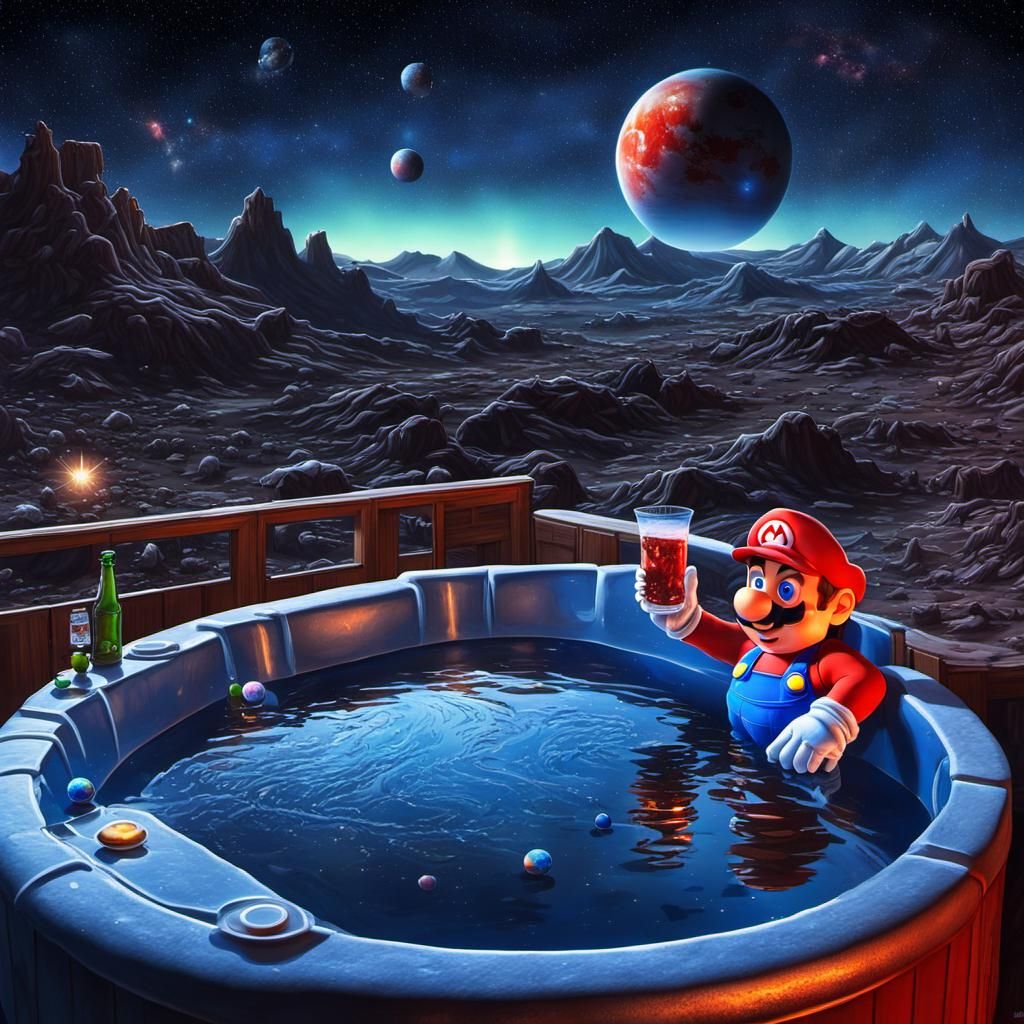 Super Mario Relaxing in Hot Tub Under Starry Sky