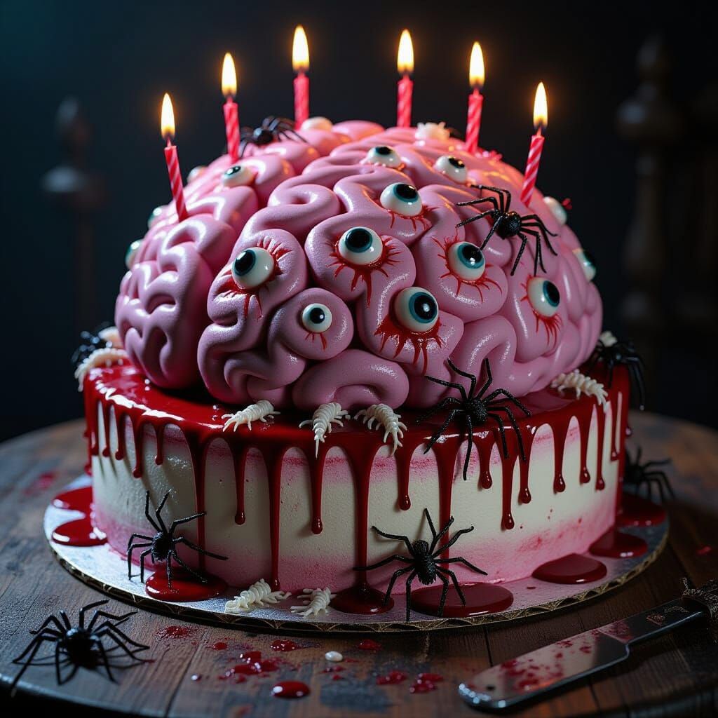 Macabre Brain Cake with Eyeballs and Spiders