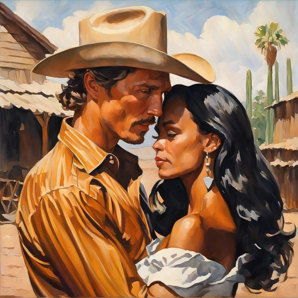 Romantic Cowboy Embrace in Impressionistic Oil Painting