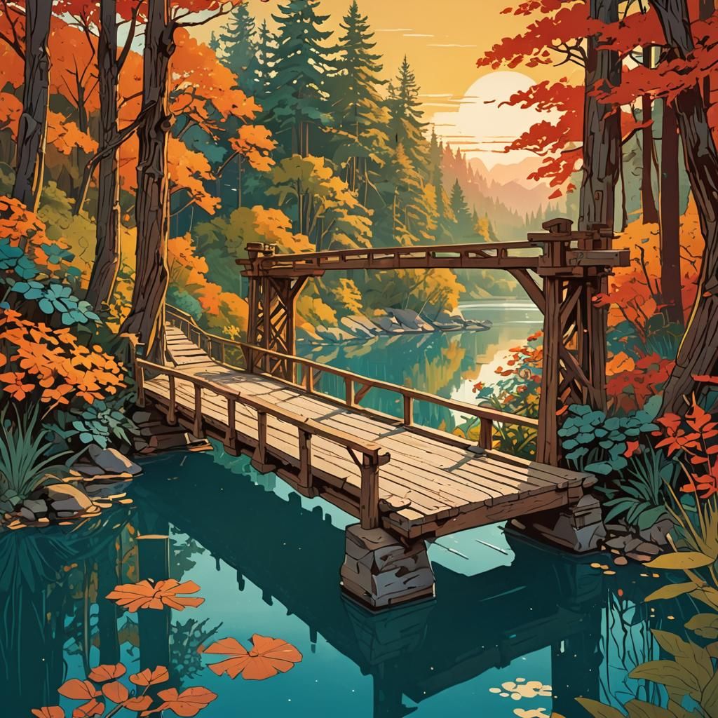 Art Nouveau Poster of Broken Bridge Landscape