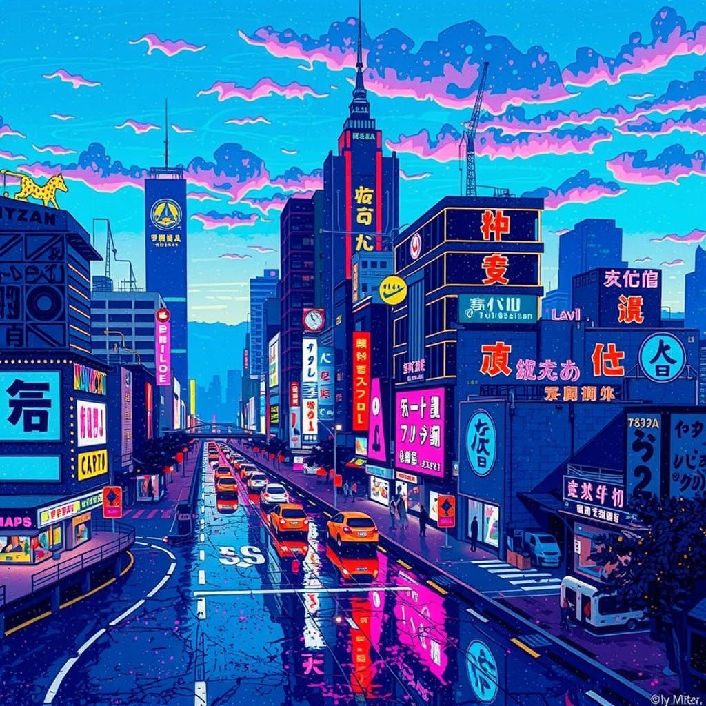 Ethereal Future Cityscape in Vibrant Pointillist Style