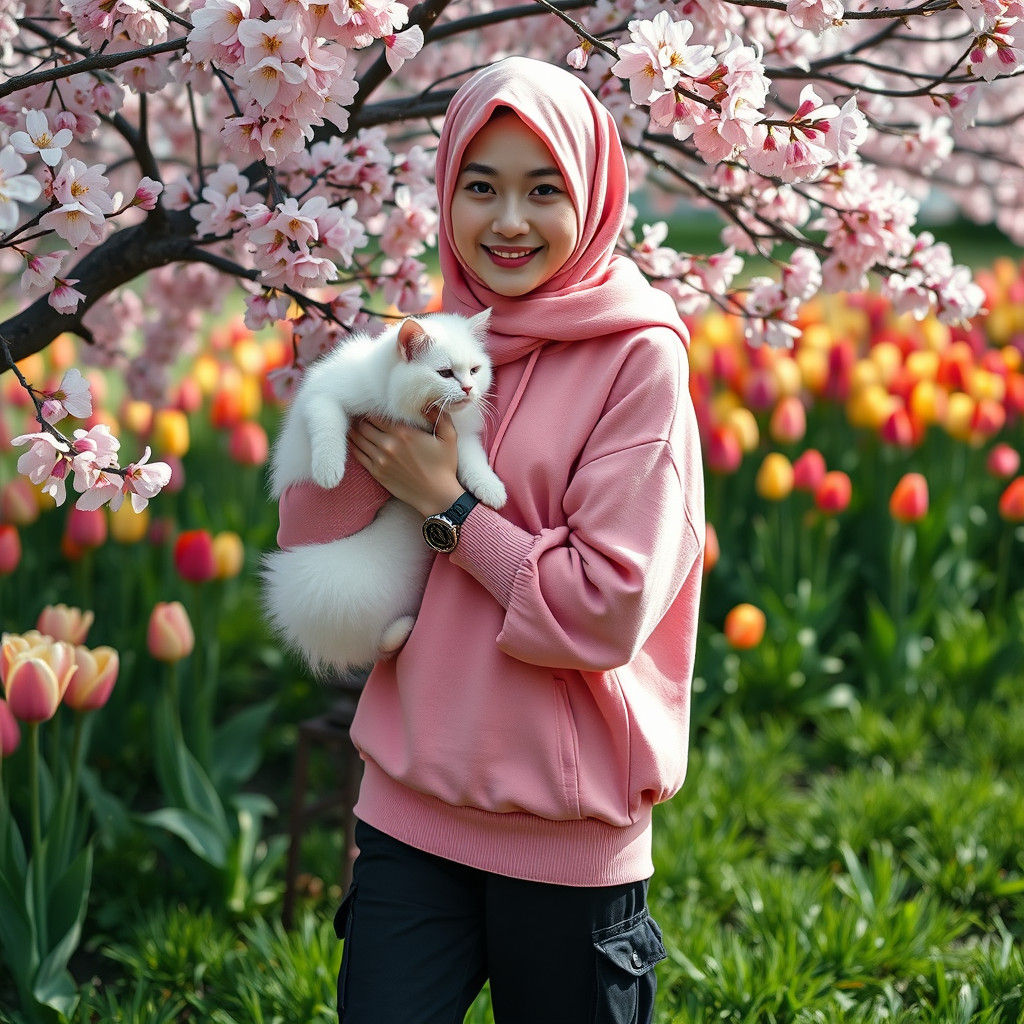 Korean Woman with Cat and Pink Hijab, Cinematic Still
