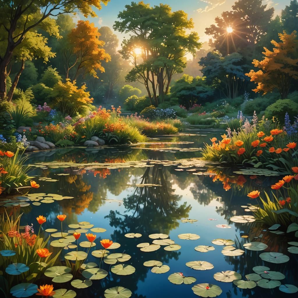 Expressionist Pond Reflects Summer Landscape in Golden Light