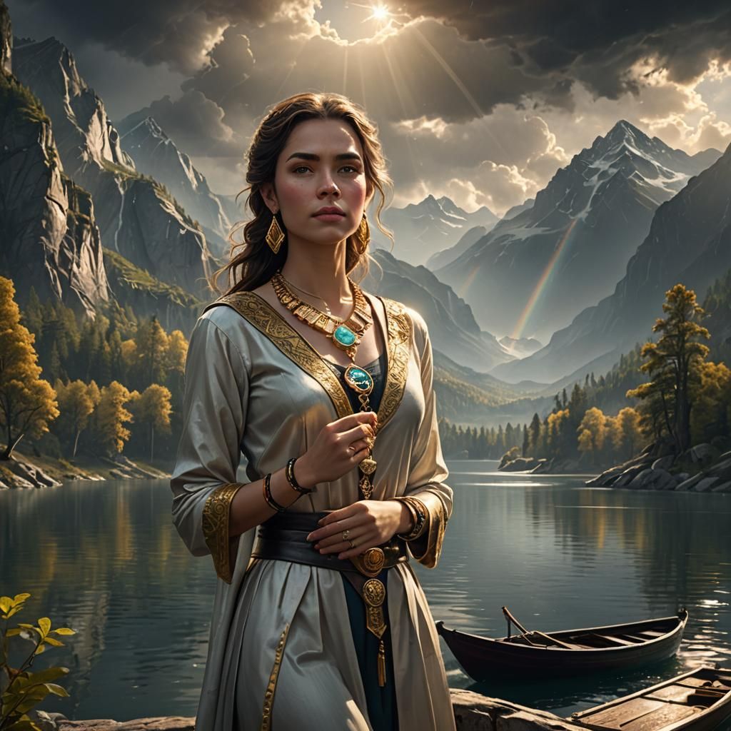 Beautiful lady, gold necklace and earrings, wrist bands, roc...