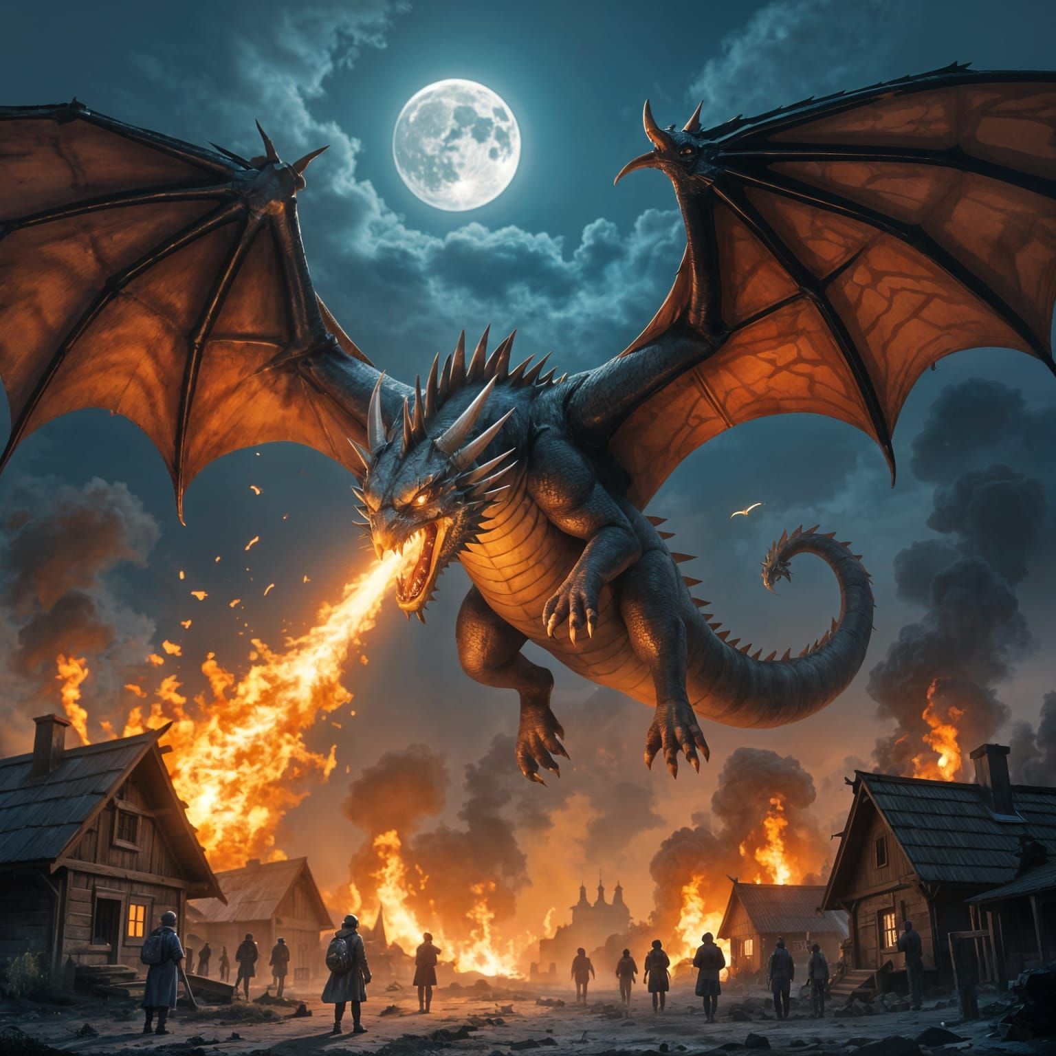 Colossal Dragon Burns Village in Dark Cinema Scene