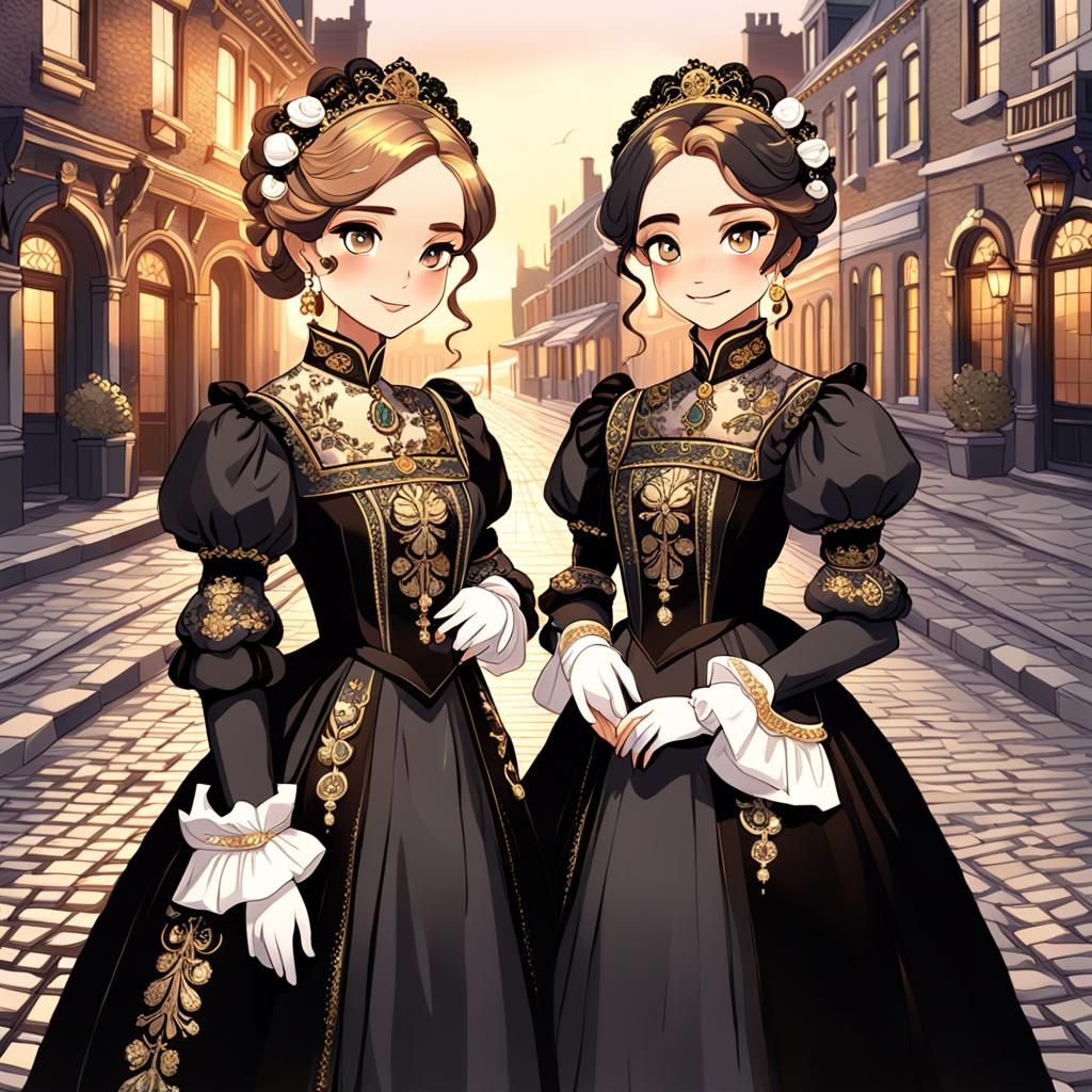 Victorian Ladies in Ornate Gowns: Digital Illustration