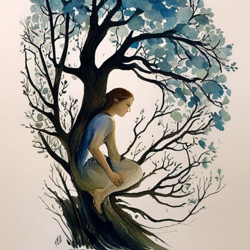 Fairy Under Oak Tree, Watercolor Art