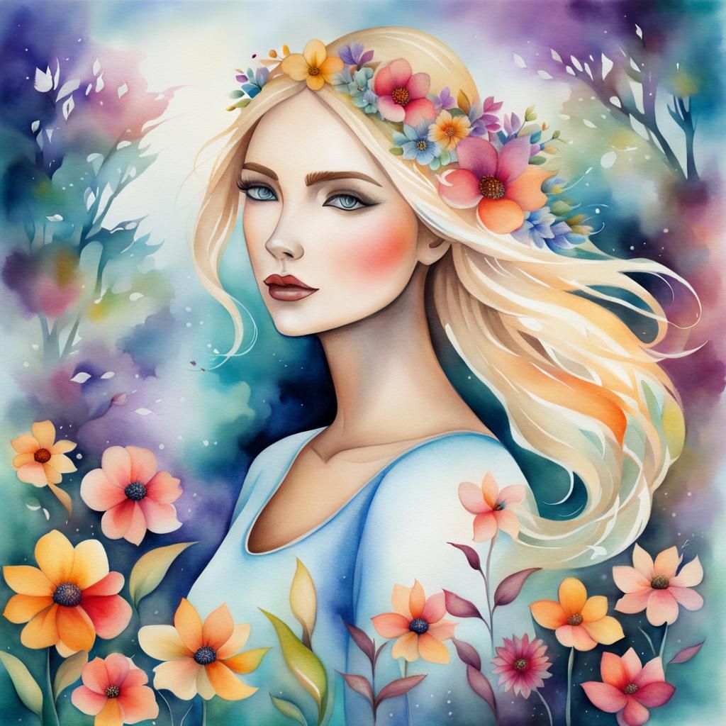 Blonde Surrounded by Flowers in Watercolor Style