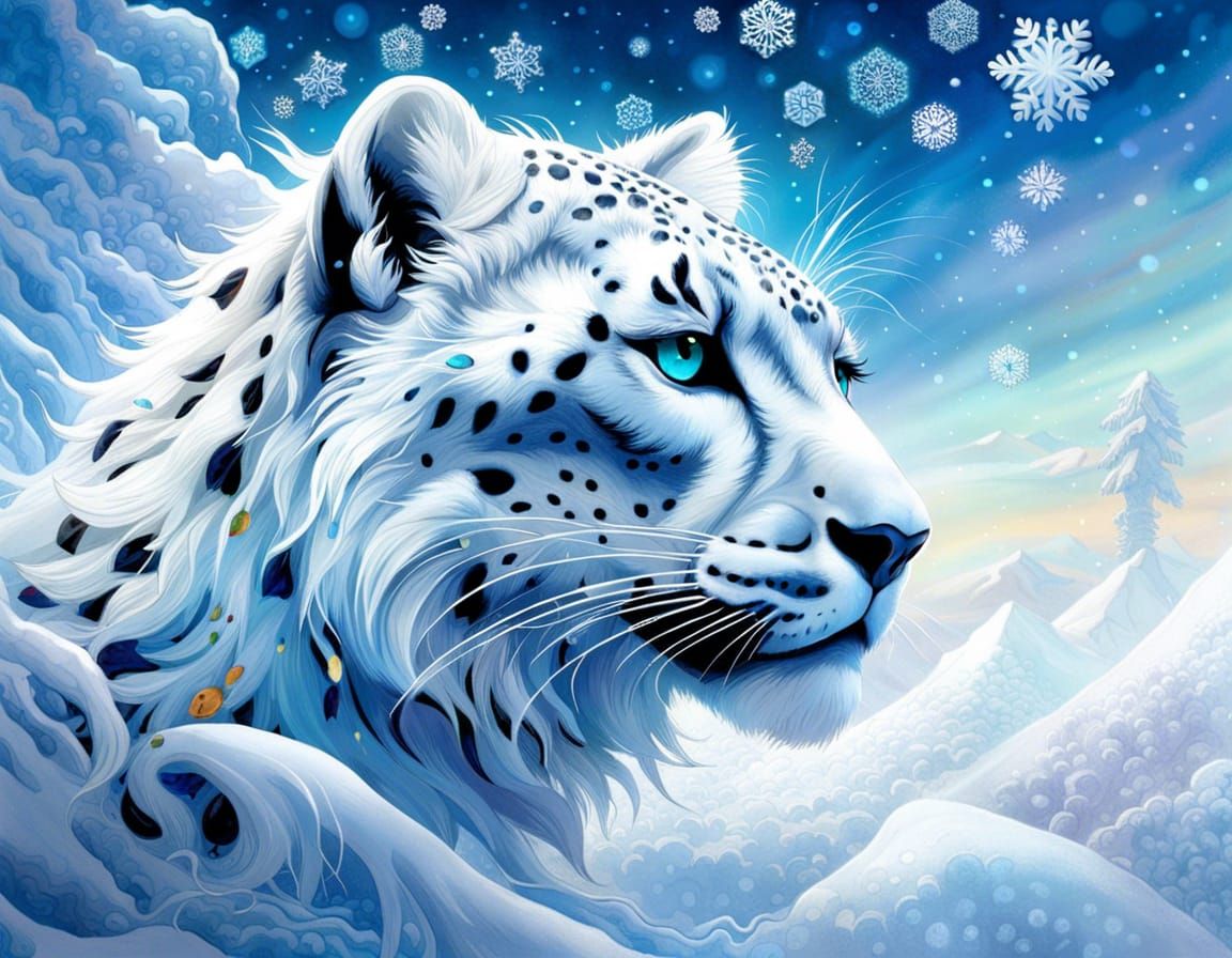 Snow Leopard in Icy Fractal Landscape, Watercolor Style