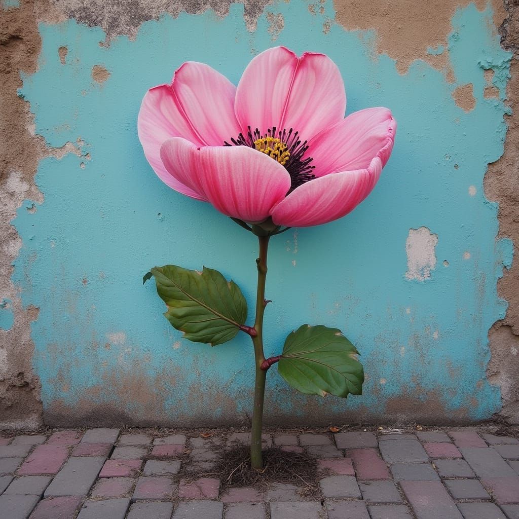 Flower Blooms in Urban Asphalt, Expressive Digital Art