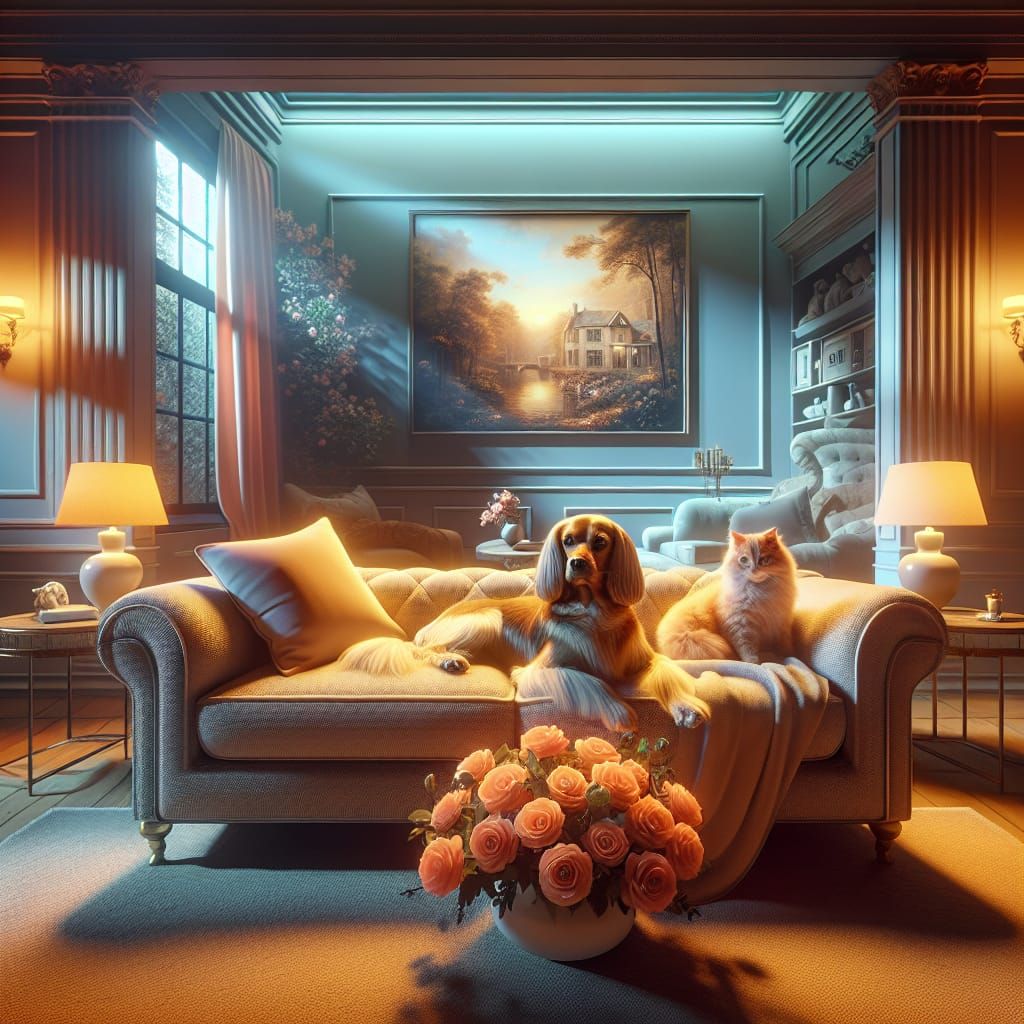 Dog and Cat Lounging in Lusciously Lit Apartment