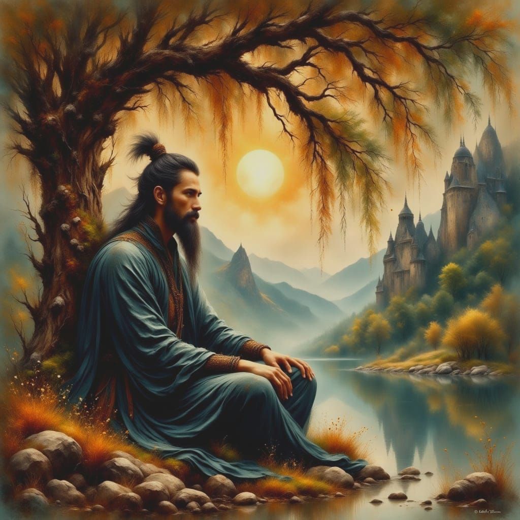 Meditating Cultivator Under Moonlit Willow