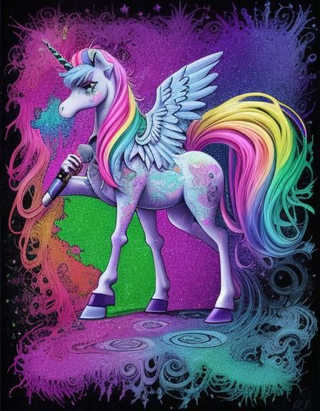 Technicolor Unicorn Girl Sings: Fractal Ink Art