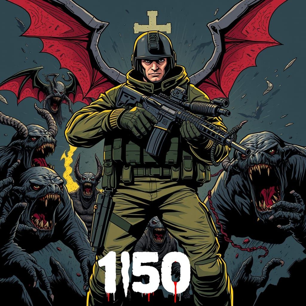 Soldier Battling Demons in Old School Comic Style
