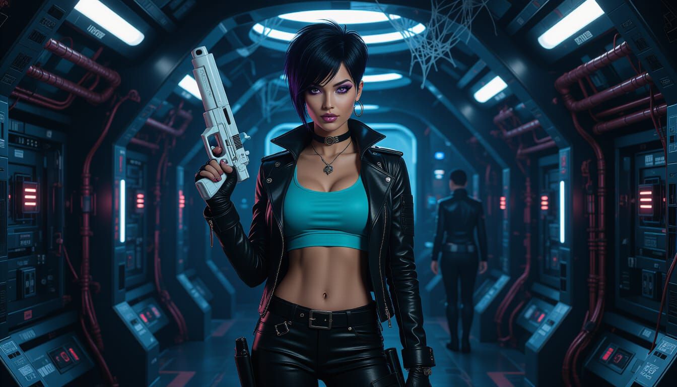 Biomechanical Pirate Woman in Sci-Fi Starship Hall