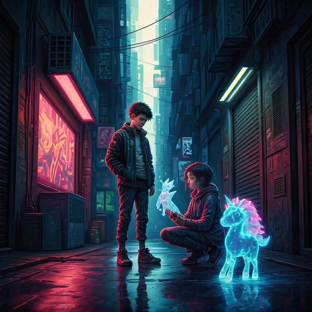 Cyberpunk Children Play with Holographic Toys