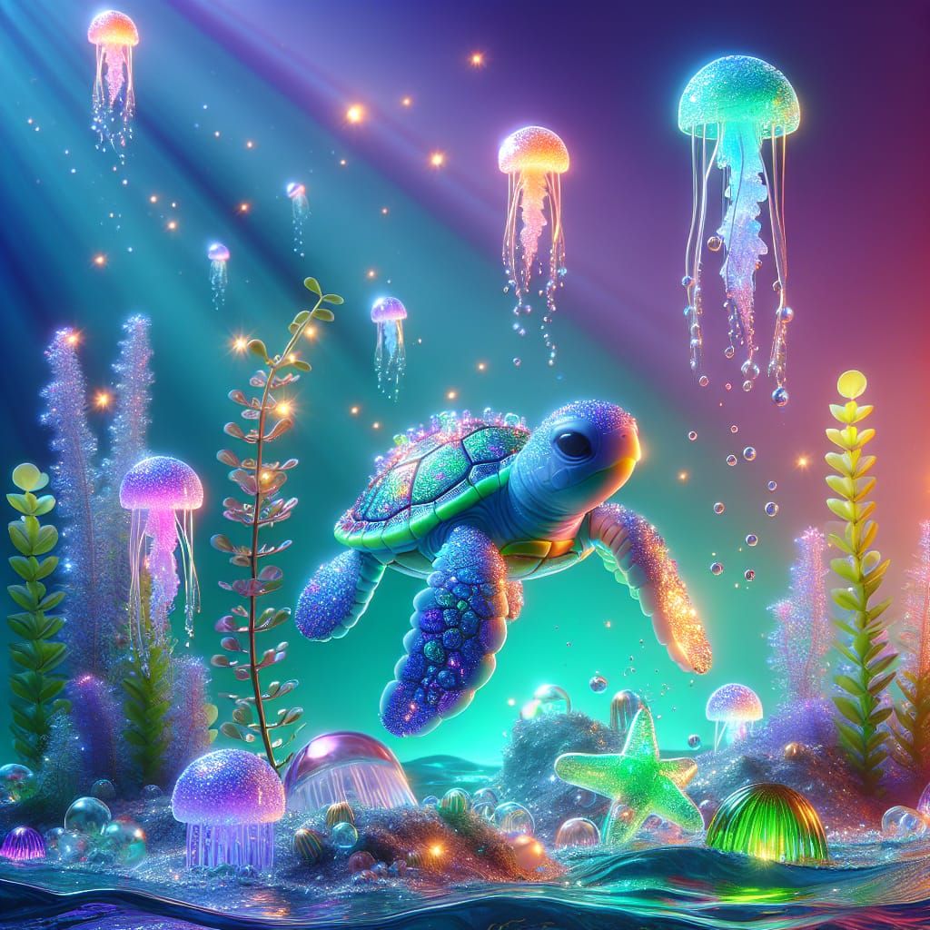Glowing Turtle in Bioluminescent Ocean, 3D Render