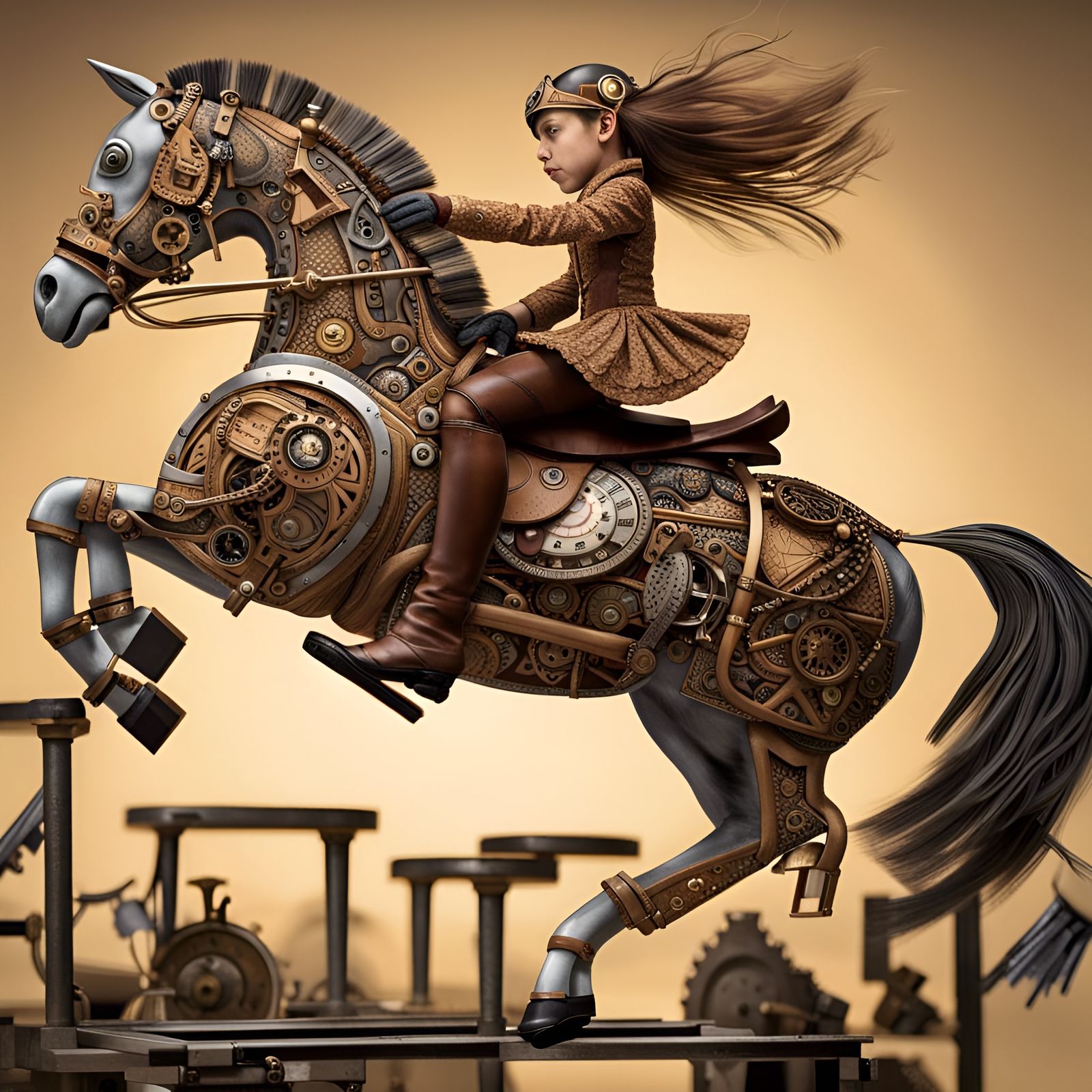 Steampunk Clockwork Pony Robot and Girl Jumping