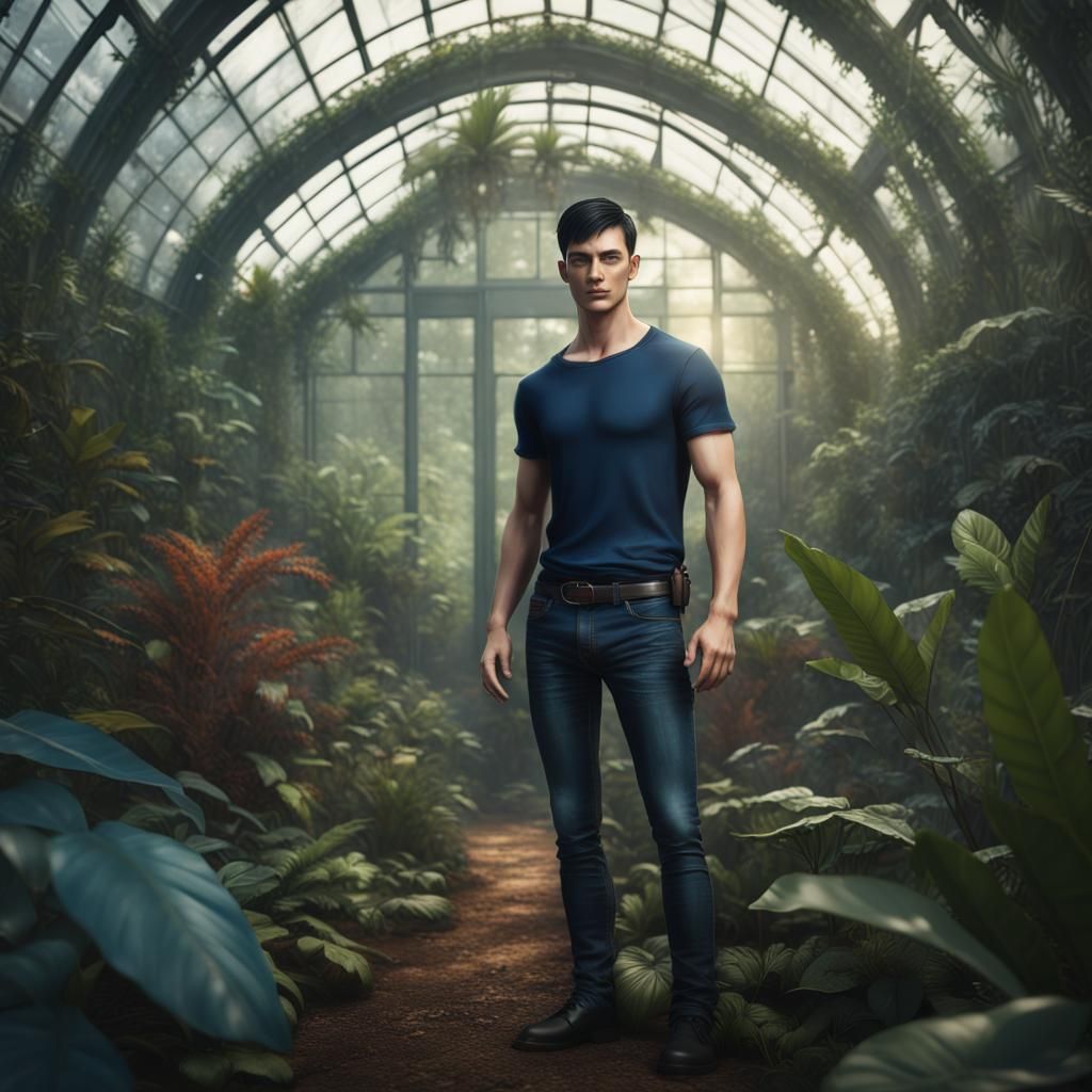 tall young shaved man in blue jeans, belt and black t-shirt, semishort wawy black hair and blue eyes standing in a jungl...