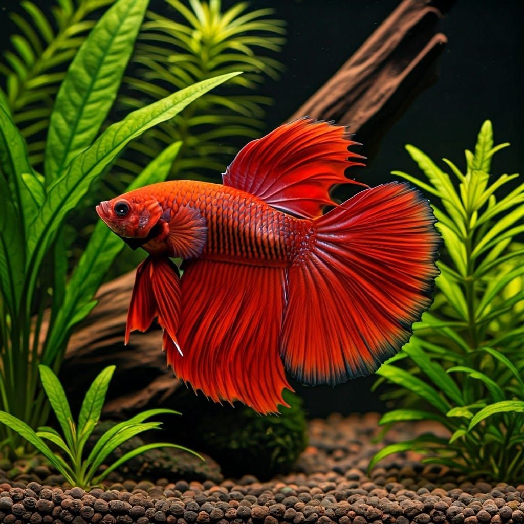 Vibrant Scarlet Betta Fish in Underwater Habitat, Detailed Z...