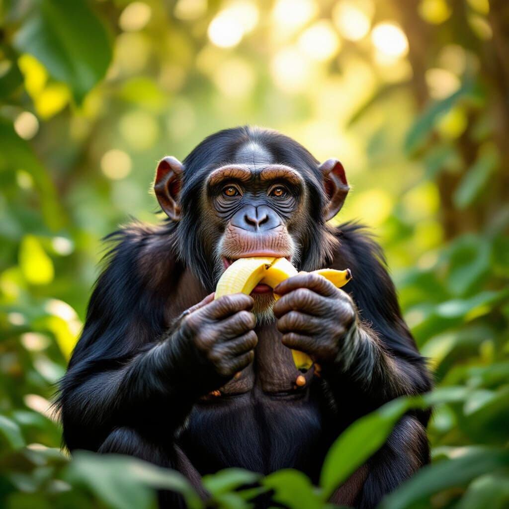 Photorealistic Chimpanzee Eating Banana in Jungle