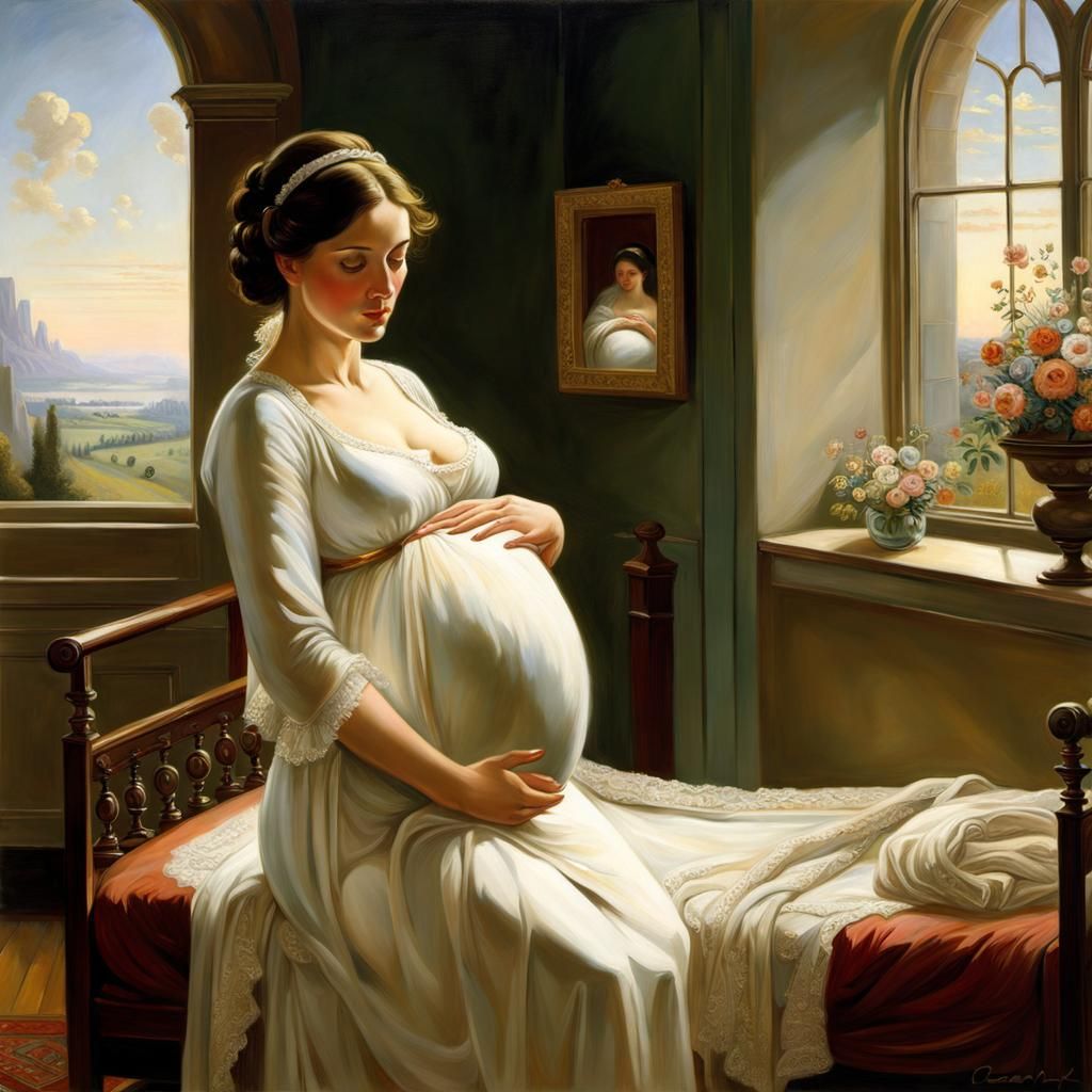 Pregnant Woman Awaiting Birth: Expressionist Oil Painting