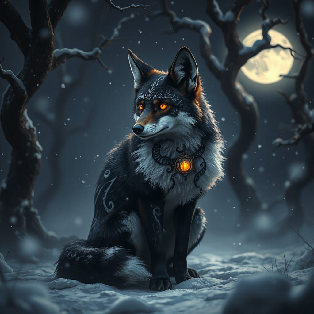 Mystical Fox in Snowy Forest with Tribal Markings