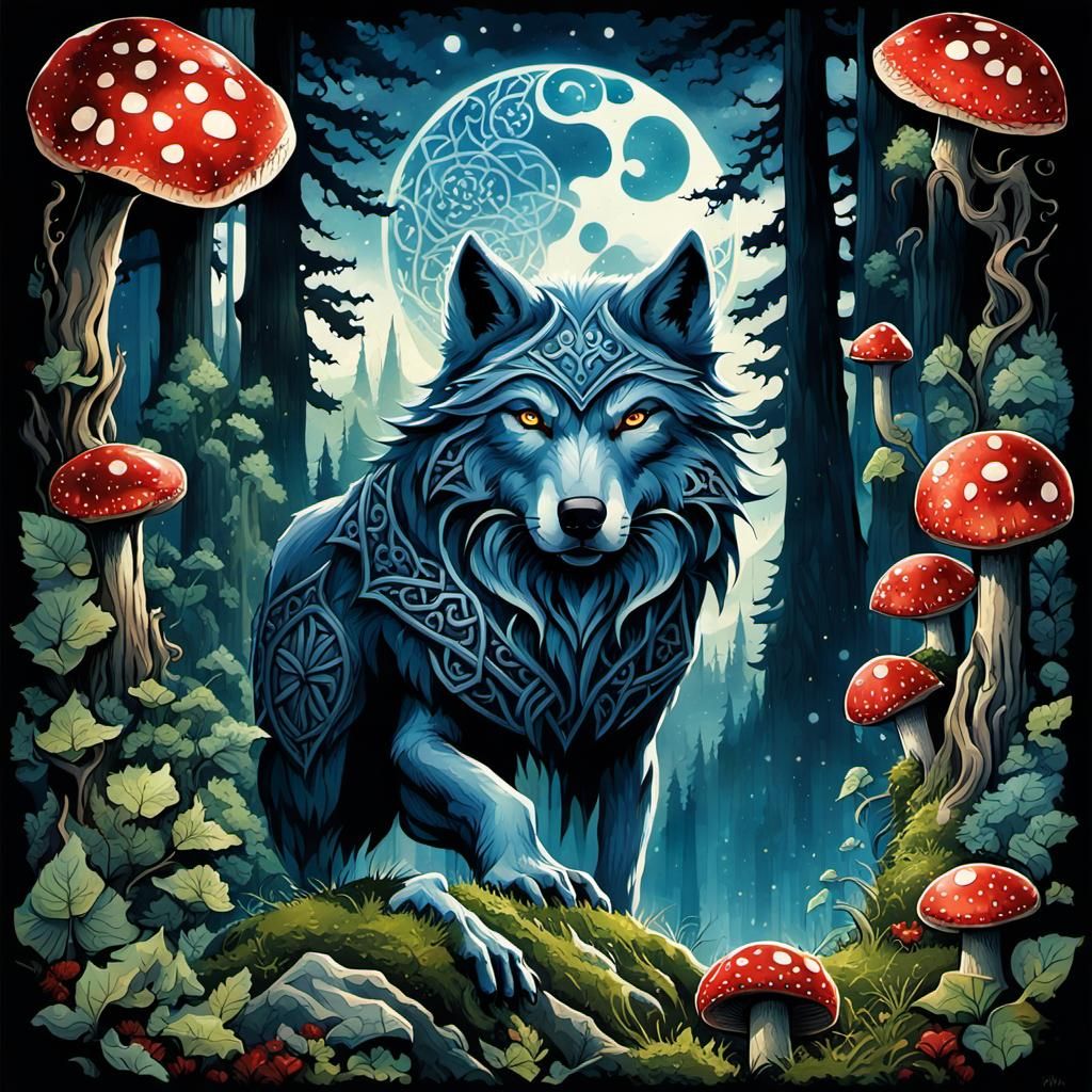 Majestic Runed Wolf in Gothic Forest