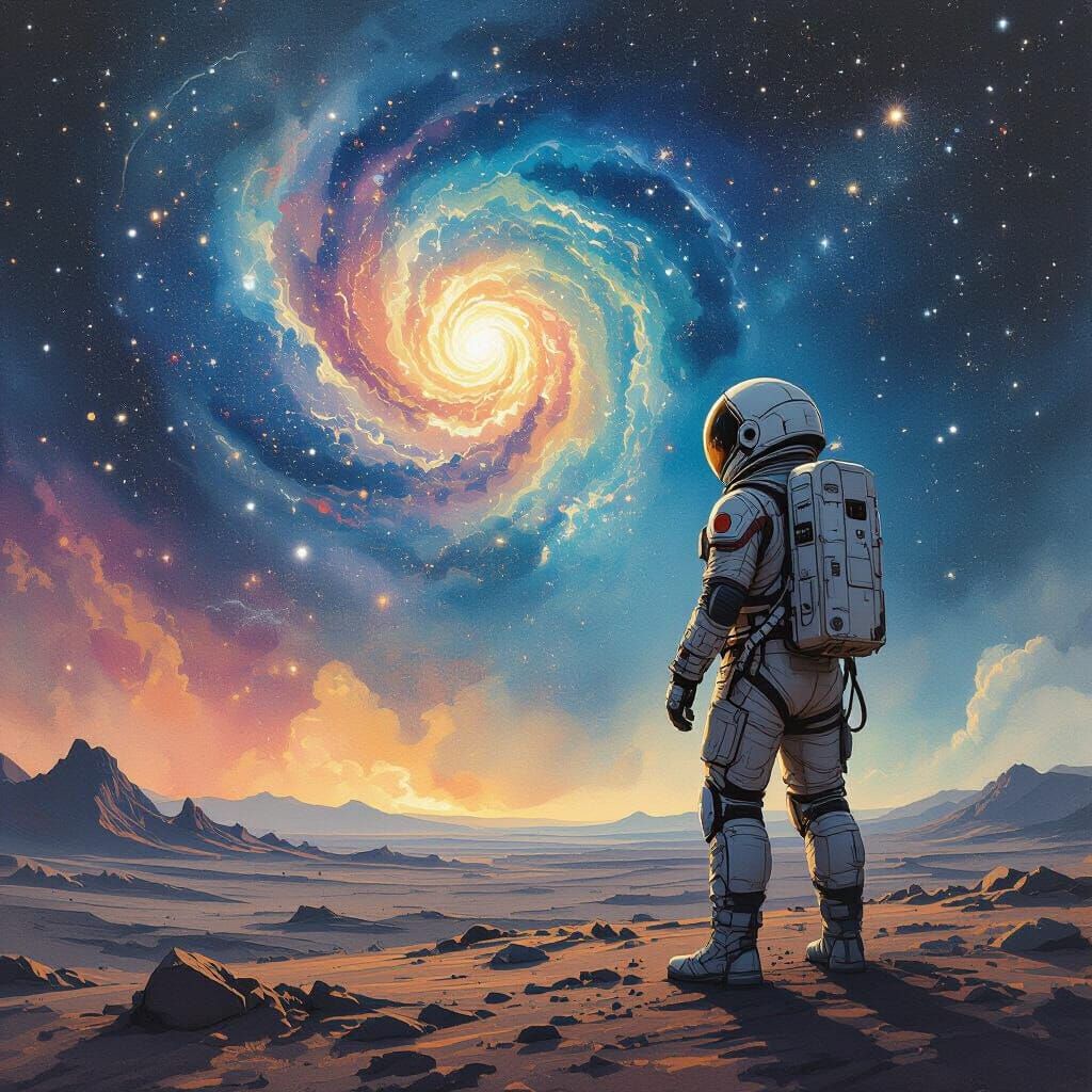 Astronaut on Alien Planet in Alcohol Ink Style