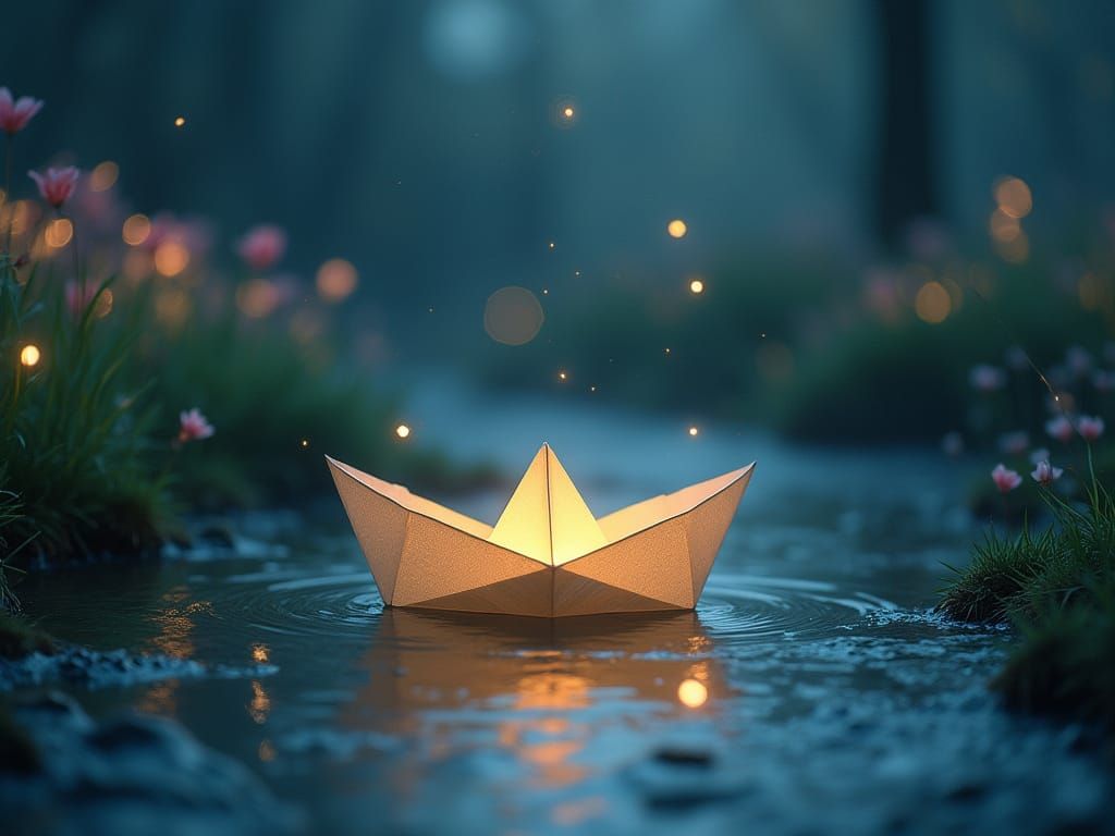 Paper Boat Floats on Spring Brook at Night