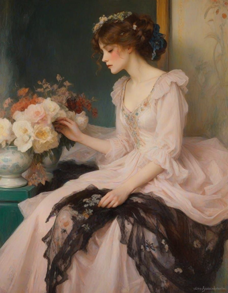 Woman in Art Nouveau Dress, Adorned with Floral Patterns and...