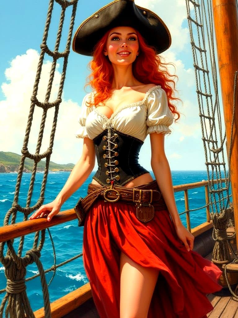 Pirate Woman on Ship Deck in Watercolor Style