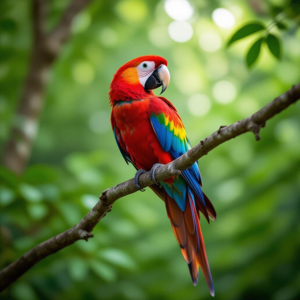 Scarlet Macaw Sings in Lush Forest Canopy