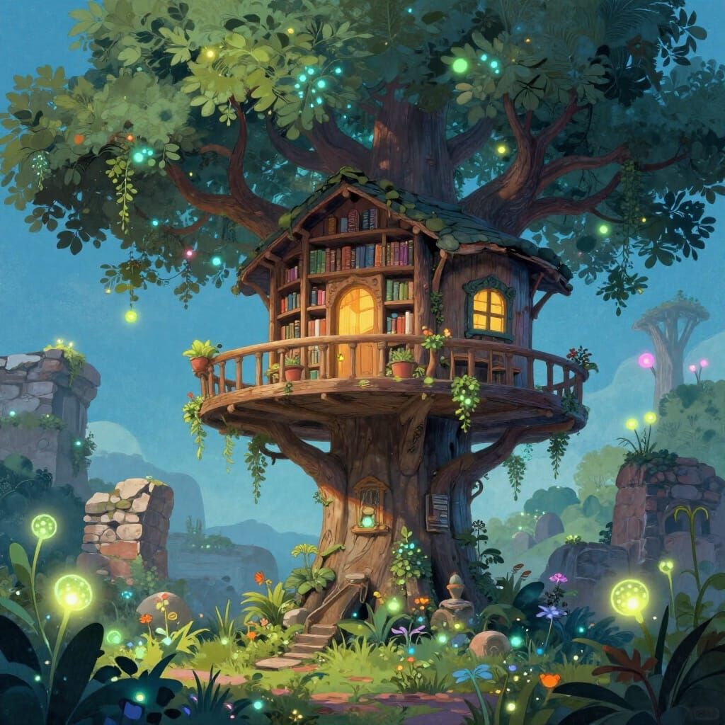 Whimsical Treehouse Library on Ancient Ruins in Bioluminesce...