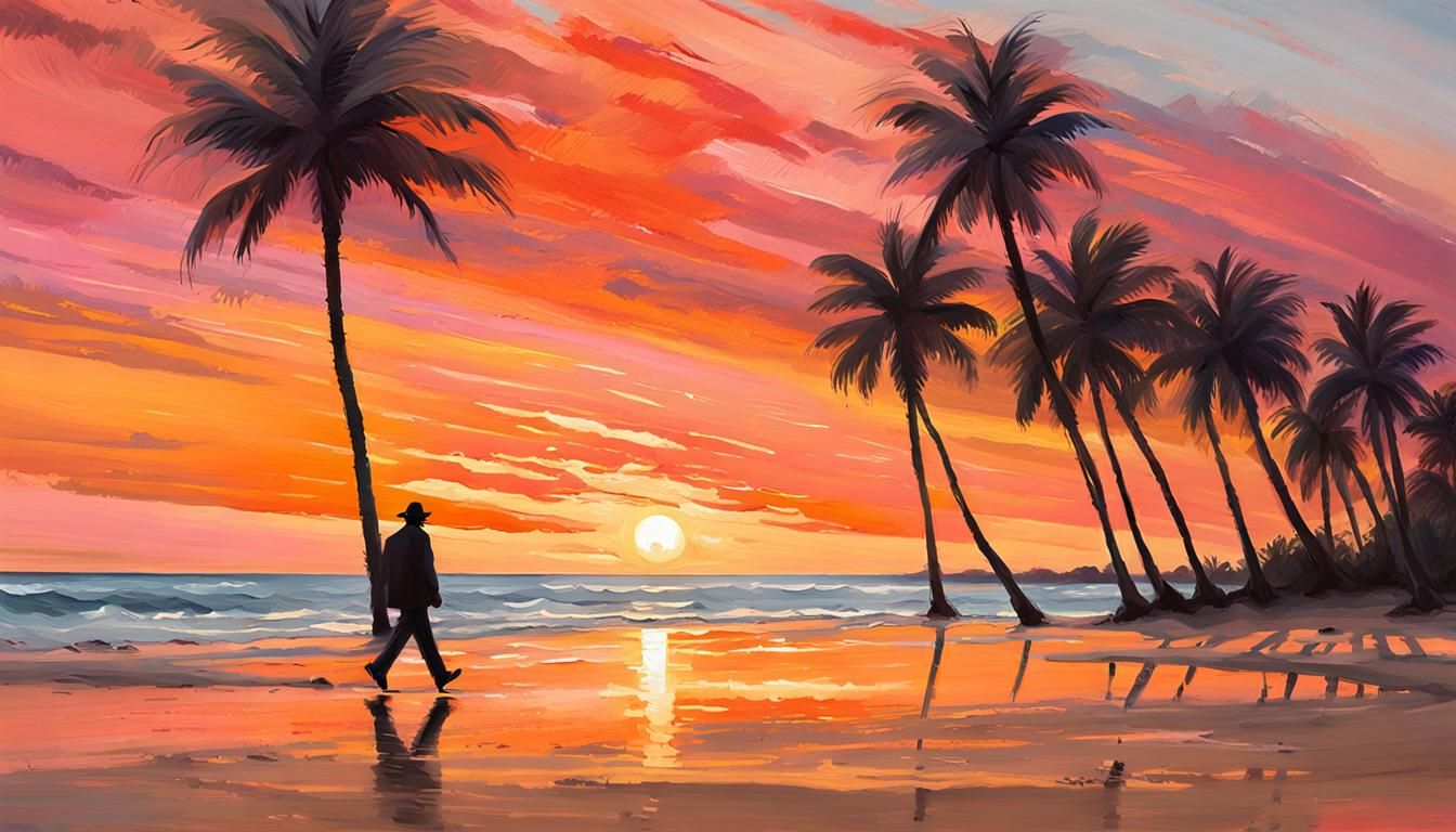 Impressionist Sunset Beach Scene with Lone Figure