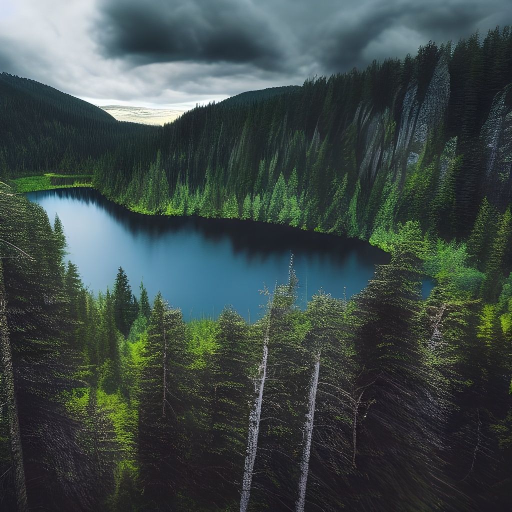 Surreal Forest Landscape with Blue Lakes