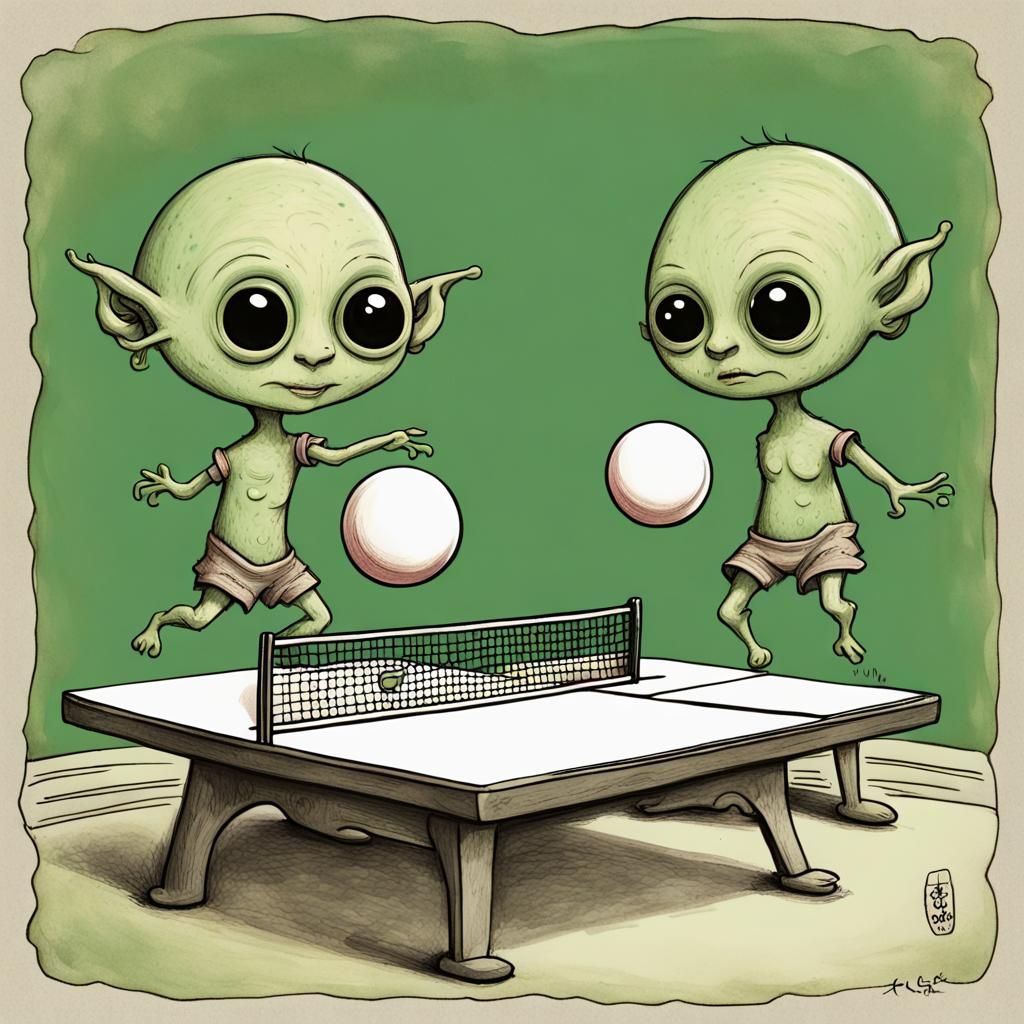two smiling adorable chibi aliens playing ping pong