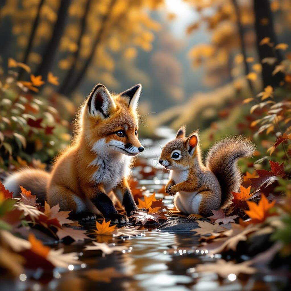 Adorable Baby Fox and Squirrel in Autumn Valley