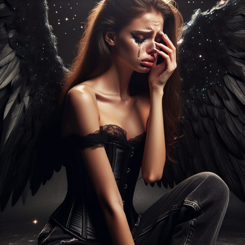 Dark Angel Kneeling in Despair with Wings