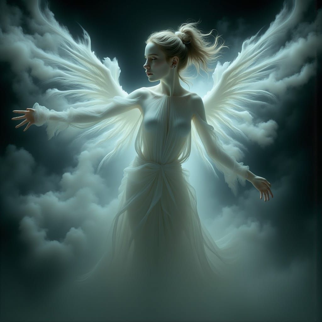 Ethereal Woman with Wings Soaring in Air