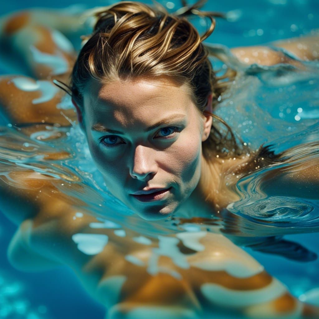 Woman Swimming in Blue Water: Aerial Close-Up