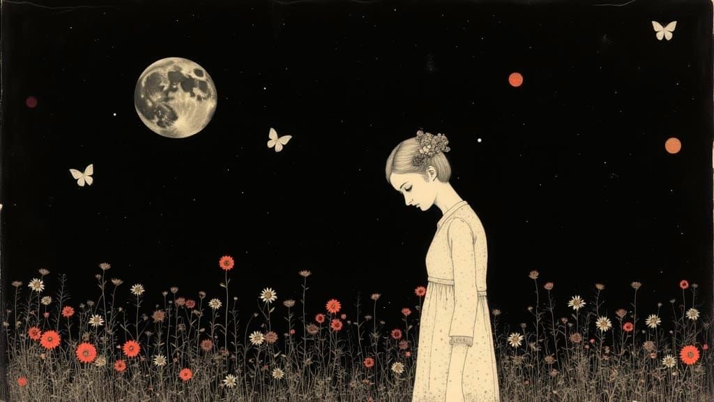 Surreal Landscape of Wildflowers and Butterflies Under Midni...