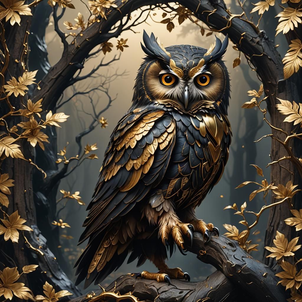Golden Obsidian Owl: Detailed Fantasy Concept Art