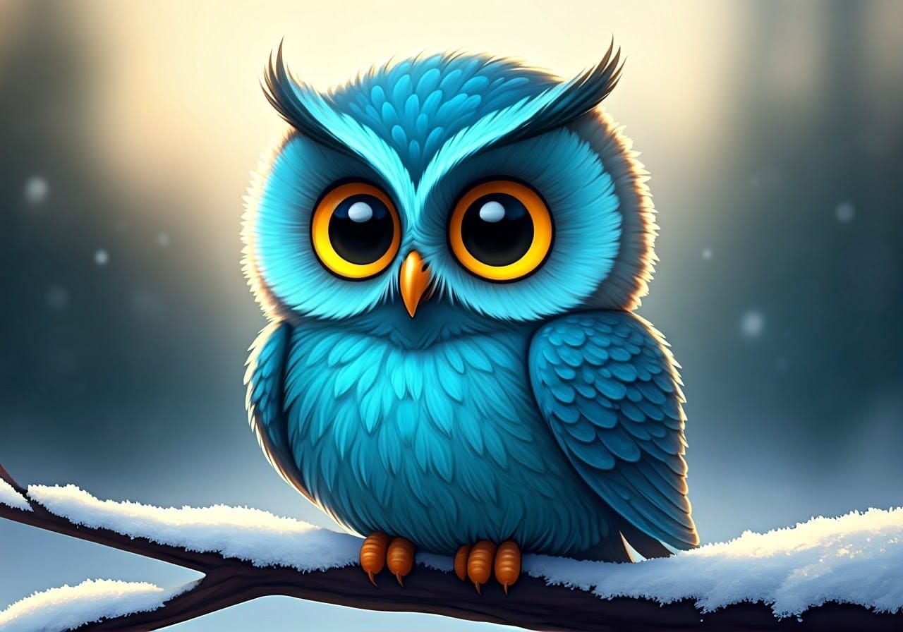 Vibrant Blue Cartoon Owl in Winter Wonderland