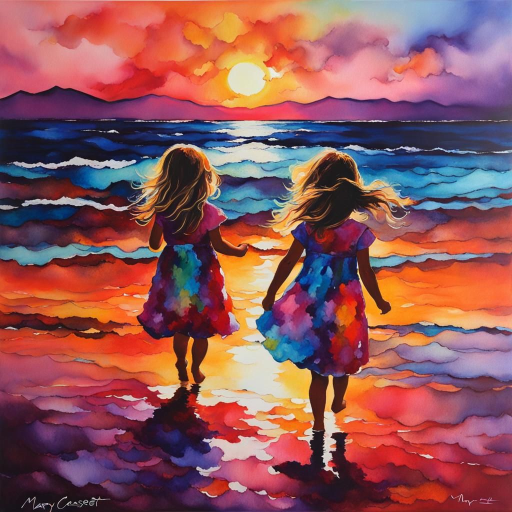 Impressionistic Sunset: Two Sisters at the Beach